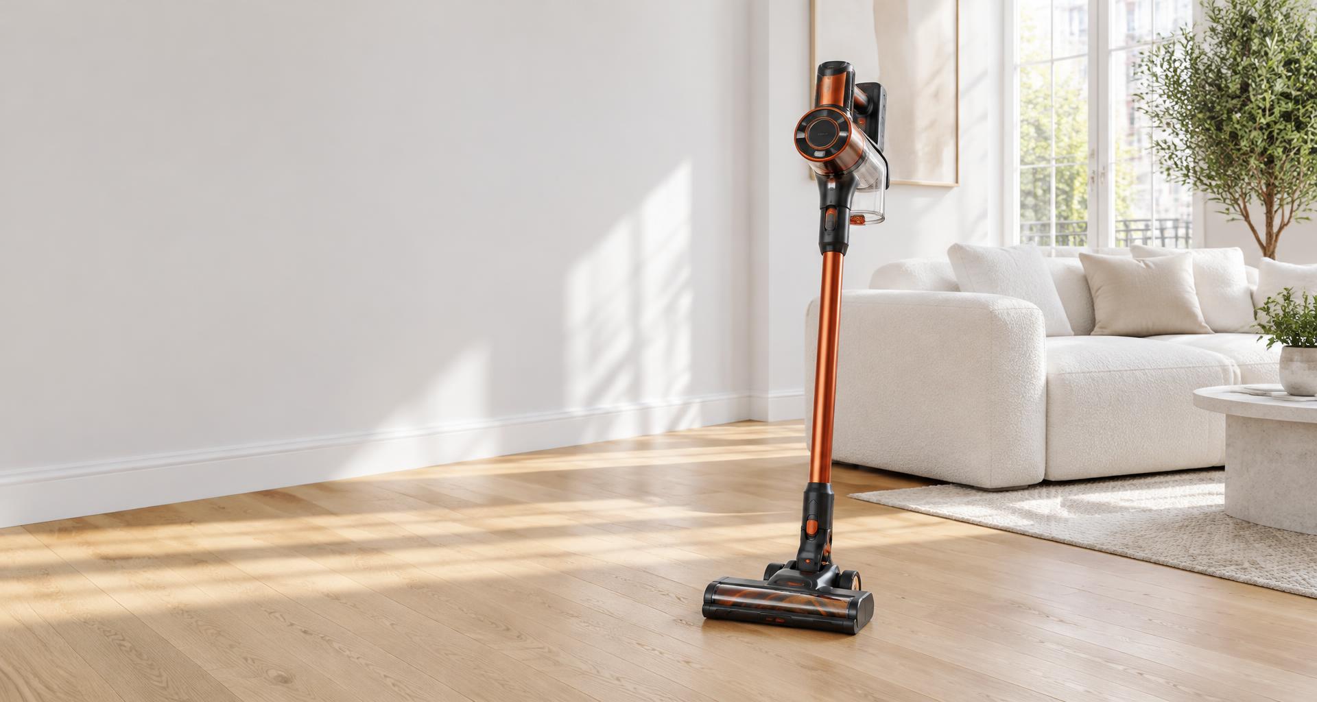 Oranje draadloze stofzuiger in een lichte woonkamer
